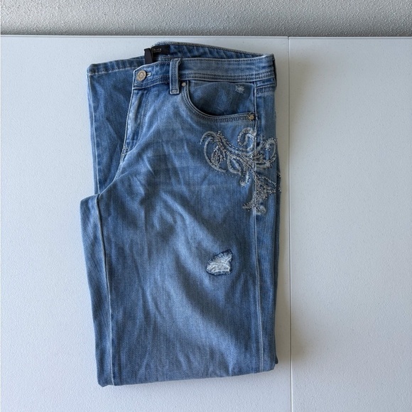 WHBM Girlfriend Denim Jeans Size 6 Rhinestones Light Wash Distressed Western - Picture 1 of 16